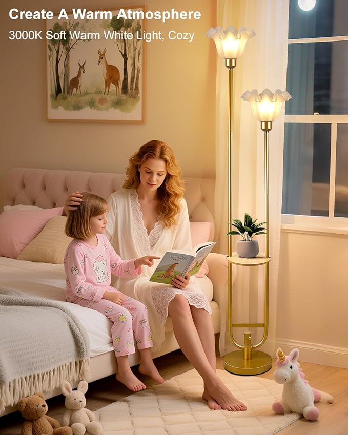 Lightdot Dimmable Flower Floor Lamp for Living Room, Modern Mid Century Floor Lamp with Table, Tall Standing Lamp for Bedroom & Home Decor- Gold