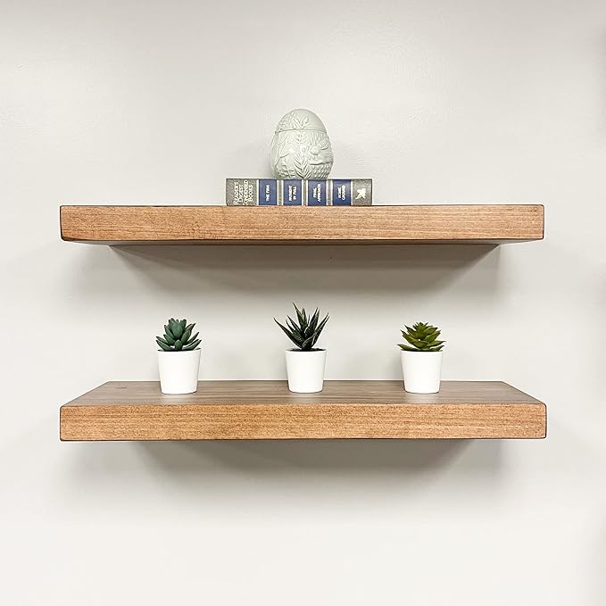 URBANDI, Rustic Floating Shelves, Set of 2, Hidden Bracket, Solid Wood, Heavy Duty, Wall Mounted Shelves, (Brown, 24Wx8D)