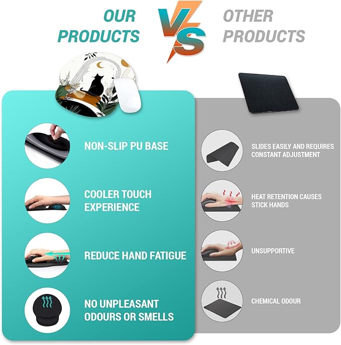 Ergonomic Mouse Pad Wrist Support, Black Cat Boho Gel Mouse Pads with Wrist Rest, Cute Comfortable Pain Relief Mousepad with Non-Slip PU Base for Gaming Work Desk Accessories Office Decor