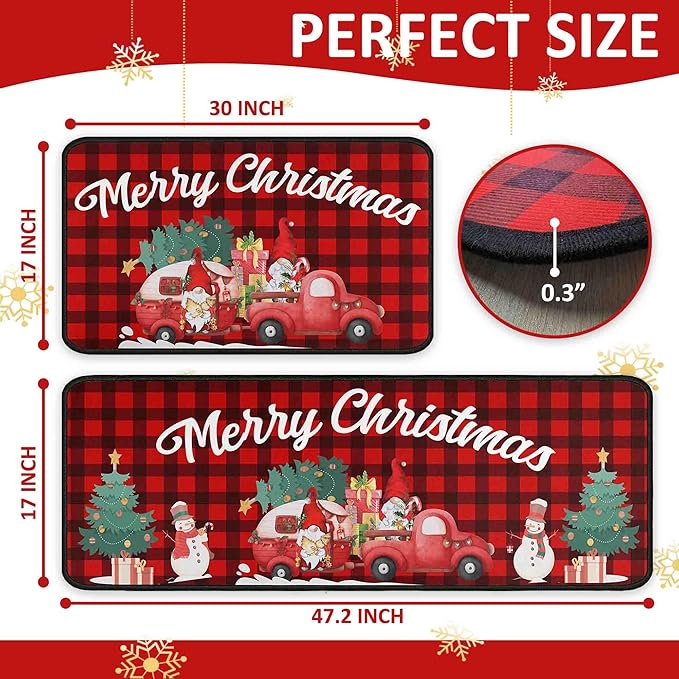 Buffalo Plaid Red Truck Christmas Kitchen Rugs 2 PCS, Merry Christmas Kitchen Rug, Non Skid Washable Soft Comfort Kitchen Rugs Set (17"x47"+17"x30",Merry Christmas)