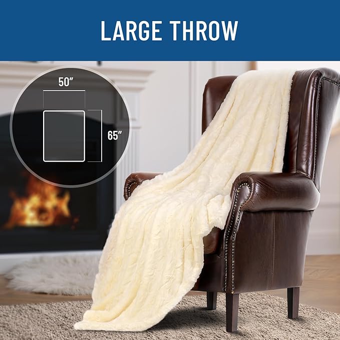 Everlasting Comfort Soft & Comfortable Ivory Faux Fur Throw Blanket for Couch - (50"x65") Minky & Fluffy Fall Blankets & Throws, Plush Fuzzy Cover for Bed, Sofa & Living Room - Cozy Home Decor