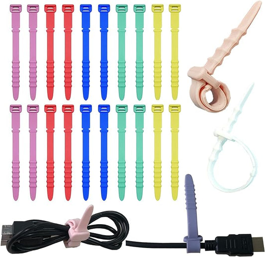 Silicone Zip Ties, Reusable Zip Ties, 20pcs Rubber Cable Ties Straps for Wire Management, Elastic Silicone Ties Cable Organizer for Home Office, 4.5" Multi Color Cord Ties