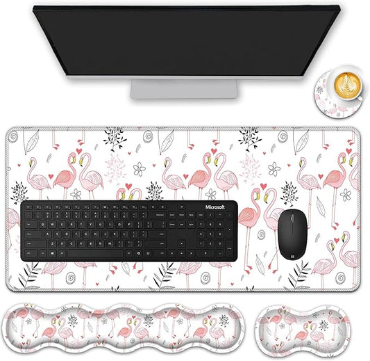 Mouse Pad Set,(31.5×11.8 in) Desk Pad + Keyboard Wrist Rest Support + Mouse Wrist Rest + Coaster for Office,Home,Computer,Laptop - 4 Cute Flamingo