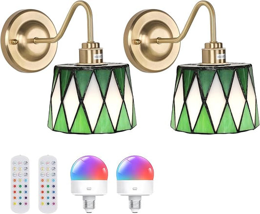 Vintage Battery Operated Wall Sconce Set of 2, 5000mAh Rechargeable Wall Lamp 12 RGB Colors Dimmable, Gold Lights Fixture for Bedroom Bathroom Living Room Hallway Green Checker