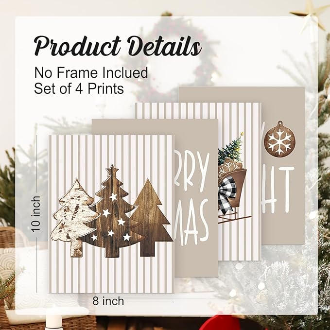 Wheatwin Boho Christmas Decor, Neutral Christmas Decor, Merry Christmas Wall Art Prints Set of 4, Wooden Christmas Tree Winter Decorations for Office Bedroom Living Room, 8x10 (Unframed)