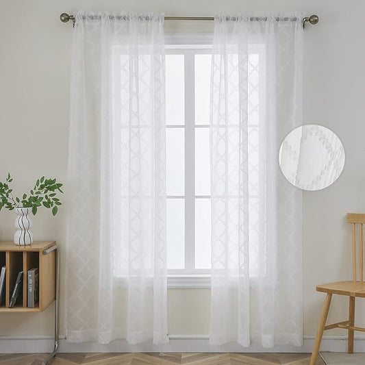 Joydeco White Sheer Curtains 84 Inch Length 2 Panels Set, Rod Pocket Semi Sheer Curtains for Bedroom Living Room, Window Treatments Voile Drapes (54x84 inch, Off White)