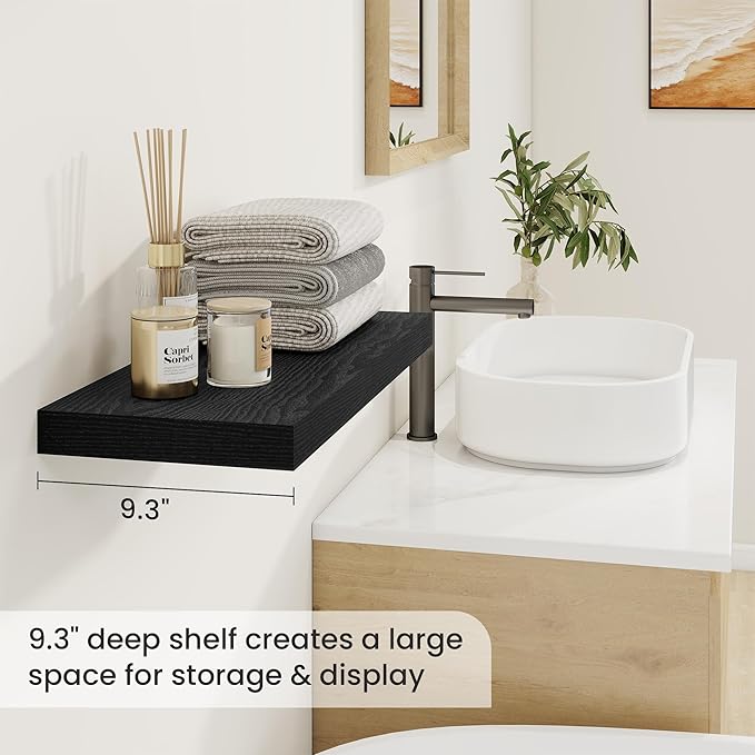 Fun Memories Floating Shelves for Wall, 24 Inch Rustic Wood Wall Mounted Shelves for Bathroom, Bedroom, Living Room, Deep Floating Shelves for Storage & Home Decor (Black, Set of 2)