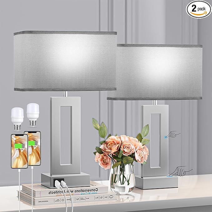 Bedroom Table Lamps Set of 2 - Grey Touch Bedside Lamps with USB C+A, 3 Way Dimmable Gold Lamp for Nightstand, Modern Night Stands Lamps for Living Room End Tables