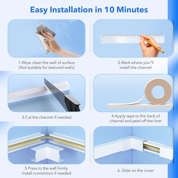 Yecaye PVC Wire Covers for Cords on Wall, One-Cord Cable Concealer Kit, Paintable Cable Raceway Management, 304in Cord Hider, Max for 2 Small Cords for Home Office, W0.59in H0.4in