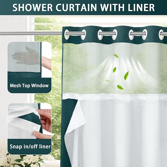 YellyHommy No Hook Shower Curtain with Snap in Liner Set Less Time Waffle Shower Curtain for Bathroom 75" L x 72" W Seaweed Green