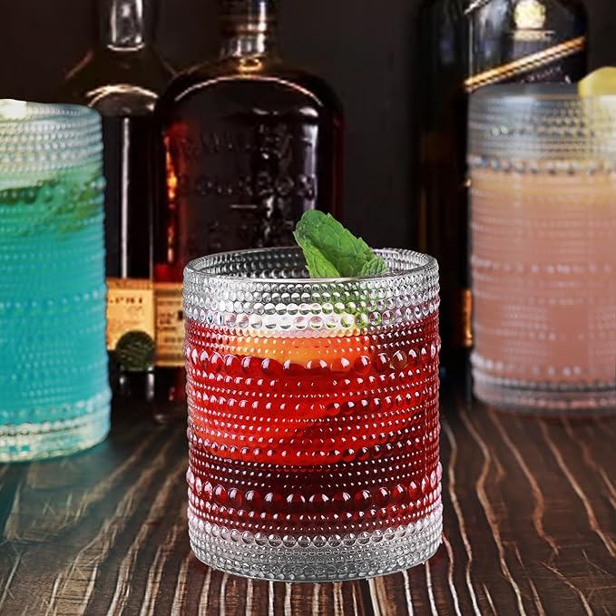Vintage Hobnail Driinking Glasses Set, Glassware Drinking Set of 8, 12 oz Highball Glasses & 10 oz Cocktail Glasses, Tumbler Glasses for Cocktails, Whiskey, Juice, Milk