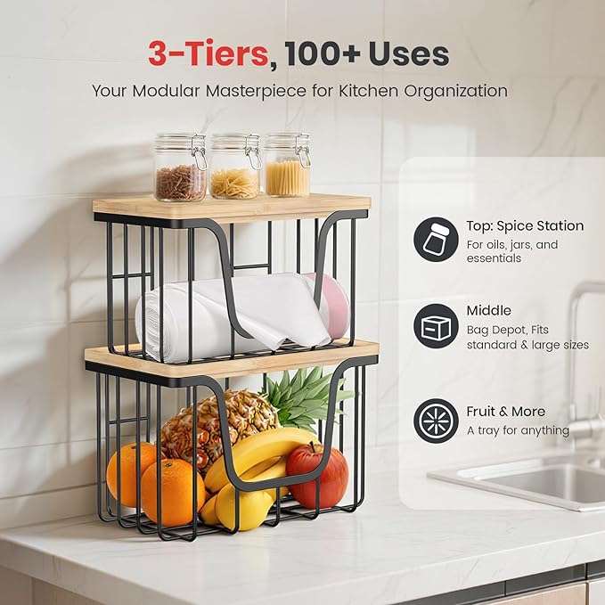 KONE Trash Bag Holder, 2 Pack Garbage Bag Dispenser, Storage Stackable Kitchen Organizer with Bamboo Top, Wall Mount Laundry Pantry Organization Black