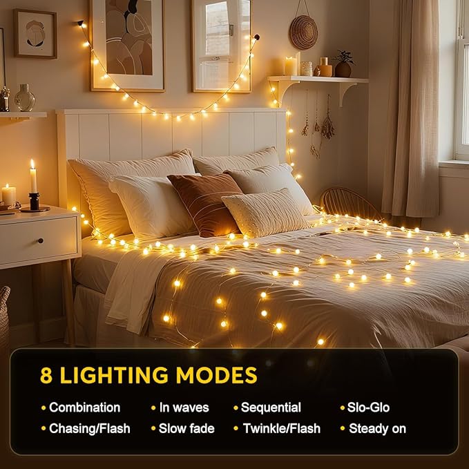 Globe String Lights Indoor, 49 Feet 100 LED Fairy Lights for Bedroom Plug in, 8 Modes Warm White Christmas String Lights for Indoor Outdoor Patio Party Garden Wedding Christmas Tree Decor
