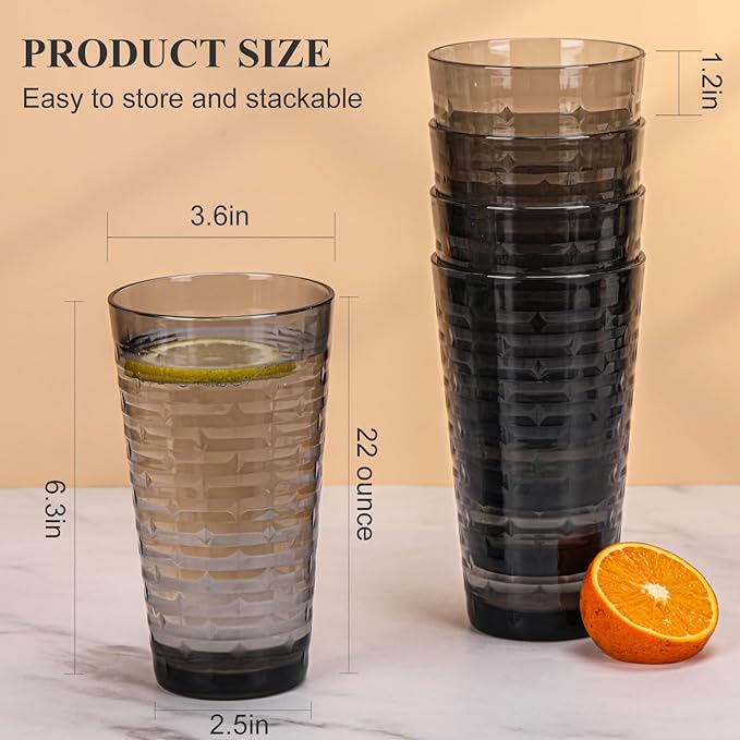 Acrylic Clear Highball Plastic Cups | Plastic Reusable Tumblers 22oz (Set of 6) | Stackable | BPA-free Tumblers | Shatterproof | Top-rack Dishwasher Safe