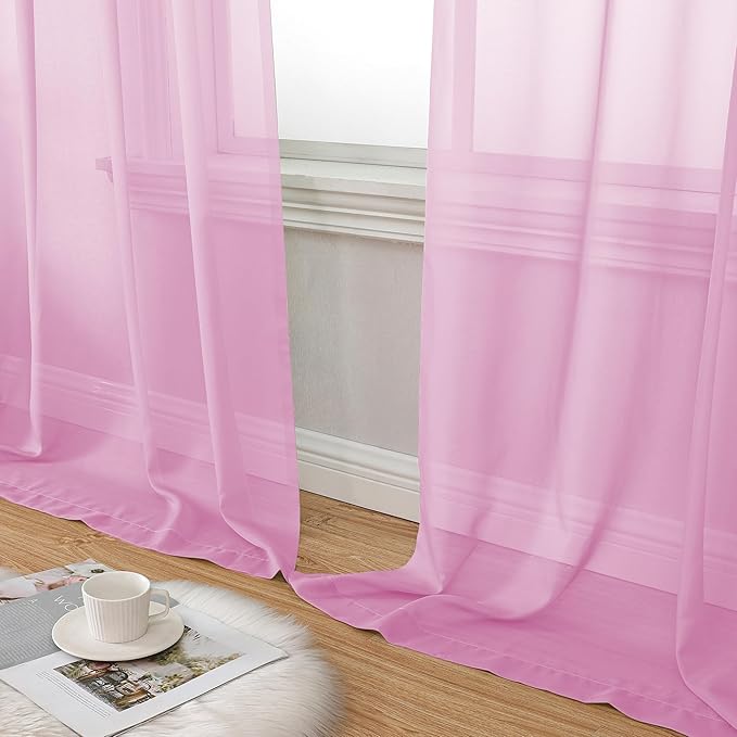 Aiyufeng Light Pink Sheer Curtains 90 Inches Long 2 Panels Set, Semi Transparent Voile Rod Pocket Sheer Window Drapes for Bedroom Bed Canopy Living Room Dining Wedding Party Backdrop, 42W x 90L inch