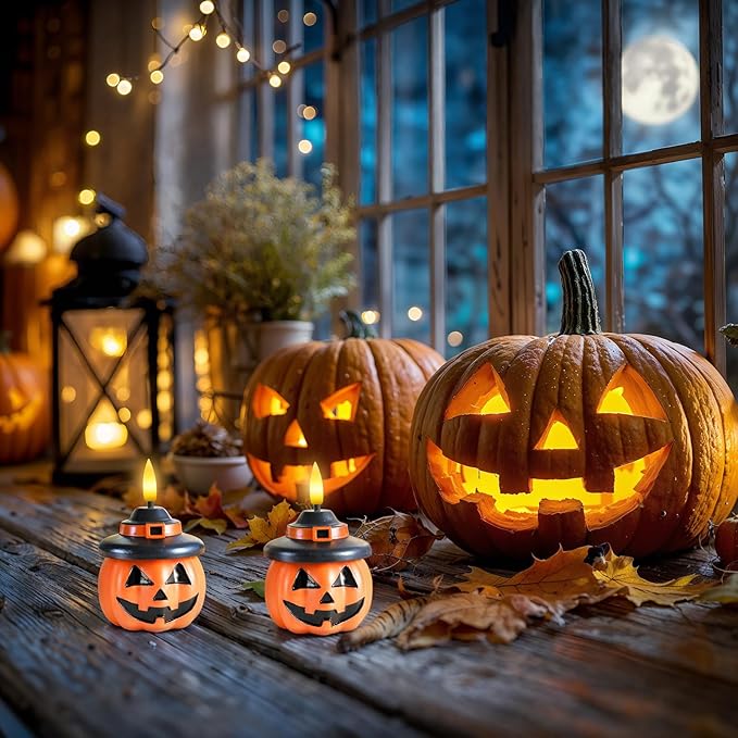 Homemory Real Wax Pumpkin Candles, 2 Pcs Flickering Flameless Candles with 6hrs Timer, LED Halloween Pumpkin Lamp, Battery Operated Lights for Home Halloween Decor, Theme Party, Orange