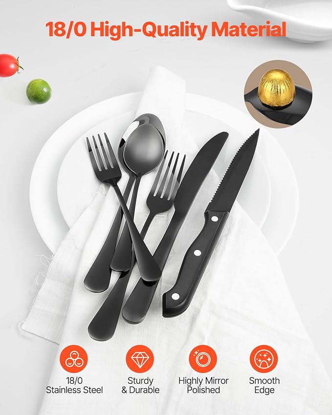 VEVOR 48-Piece Black Silverware Set with Steak Knives, Food-Grade Stainless Steel Flatware Utensils for 8, Mirror Finished Cutlery Set, Dishwasher Safe Eating Tableware for Kitchen Home, Service for 8