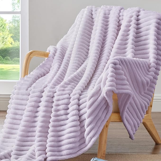 BEDELITE Twin Blanket for Couch & Bed, 300GSM Soft & Warm Fleece Blanket, Decorative and Giftable Striped Lavender Fog Blankets for Women, Men, 60"x80"