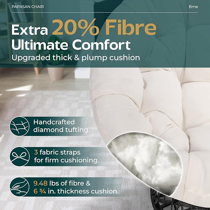 Bme 40" Ergonomic Wicker Papasan Chair with Soft Thick Density Fabric Cushion, High Capacity Steel Frame, 360 Degree Swivel for Living, Bedroom, Reading Room, Lounge