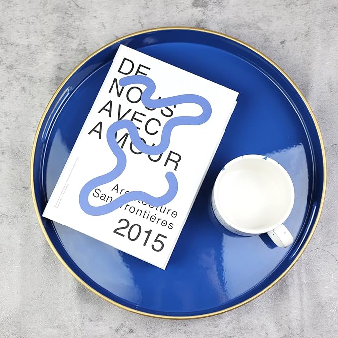 Spsyrine Round Navy Blue Decorative Tray, 13" Plastic Serving Table Tray with Handles for Breakfast,Modern Ottoman Tray for Coffee Table, Bathroom, Kitchen, Living Room