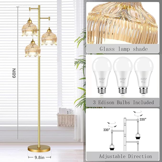 Vintage Floor Lamps for Living Room Bedroom-3 Light Gold Floor Lamp with Glass Lampshape, Flower Tall Lamp Glass Mid Century Standing Lamp Tree Floor Lamp for Living Room Corner
