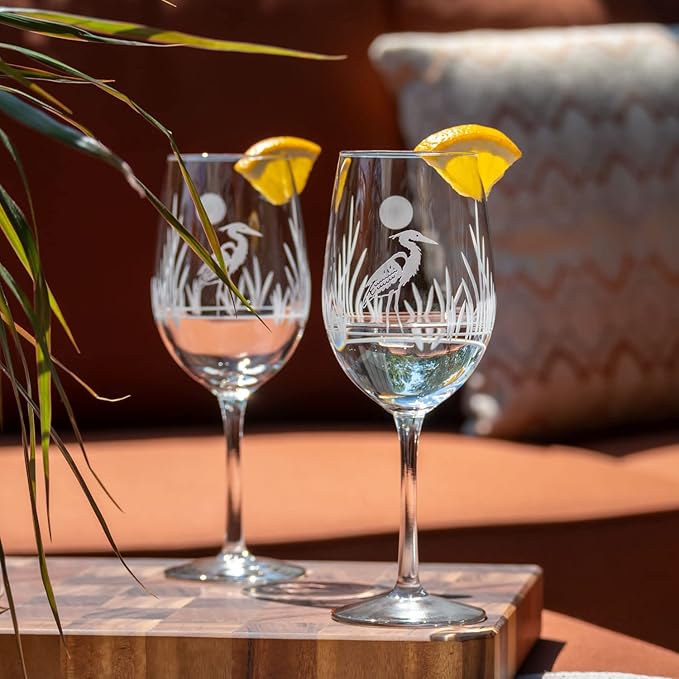 Rolf Glass Heron White Wine Glass | 12oz Stemmed Wine Glass | Lead-Free and Diamond-Wheel Etched | Proudly Made in the USA | Coastal Glassware | Set of 4
