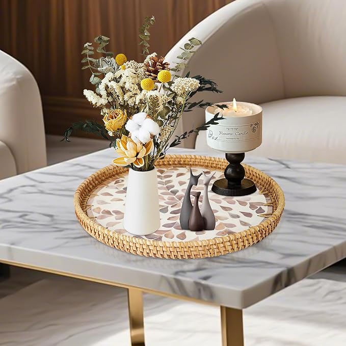 Round Rattan Serving Tray with Mother of Pearl Inlay & Coaster, Boho Wicker Basket, Decorative Coffee Table Tray for Table Decor, Storage and Display of Coffee Bread Fruit (Wicker)