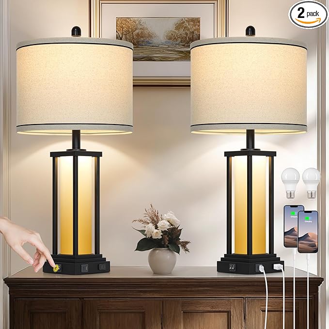 27" Tall Vintage Table Lamp Set of 2 with USB C+A & Outlet,Farmhouse Nightstand Lamp for Living Room,Rustic Retro Bedside Lamps with Red-Orange Glass Night Light for Bedroom Entryway,Black-2