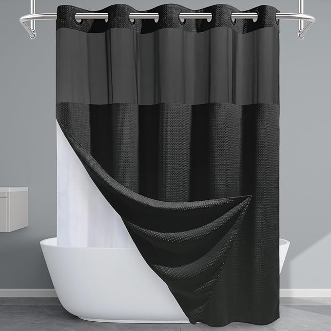 Long No Hook Shower Curtain with Snap in Liner,230GSM Waffle Weave Shower Curtains for Bathroom,71W x 80H(78"),Black