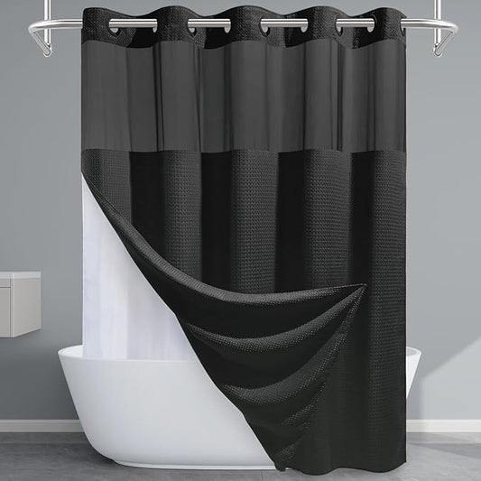 Long No Hook Shower Curtain with Snap in Liner,230GSM Waffle Weave Shower Curtains for Bathroom,71W x 77H(75"),Black