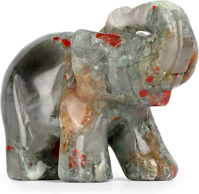 SMQ 2.0" Africa Bloodstone Crystal Elephant Statue,Hand Carved Healing Crystal Gemstone Elephant Animal Figurine Crafts Gifts Decor for Home Office Desk