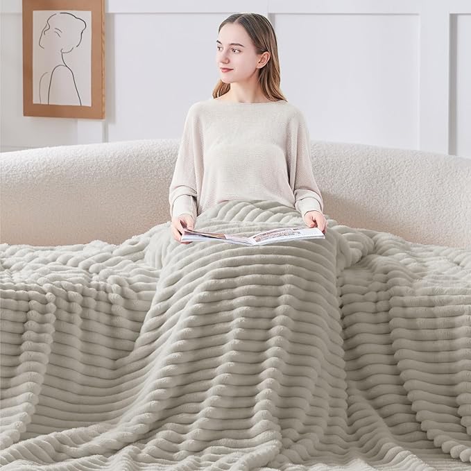 BEDELITE Fleece Throw Blanket for Couch - 300GSM Soft & Warm Fluffy Light Grey Blanket, Decorative and Giftable Striped Blankets for Women, Men, 50"x60"