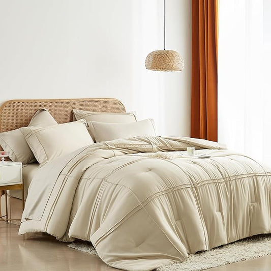 Yogeneg King Size Comforter Set 7 Piece Bed in a Bag,Grid Pinch Pleat Beige Bedding Set,Striped Textured Soft Microfiber Comforter with Sheet Set,All Season Complete Bed Set(Beige,King)