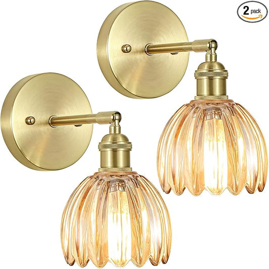 Vintage Wall Sconces Set of Two,Hardwired Wall Lights with Amber Tulip Glass Lampshade,Gold Wall Lamps for Bedroom Bedside Stairway Bathroom Living Room(Bulbs Not Included)