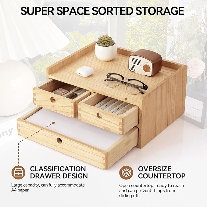 KIRIGEN Wood Organizer Shelf with 3 Drawers for Home Kicthen Decor Office Supplies Desktop Cabinet for Drawer Organizer - Desk Accessories Storage Box -Countertop Shelf Natural（DT2D3C-NA）