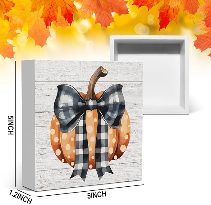 Fall Decor Polka Dots Pumpkins Bow Striped Plaid Wooden Box Gifts Thanksgiving Decorations for Home Indoor Wood Square Sign Desk Block Signs Home Shelf Office Decoration 5 x 5 Inches Tub1905