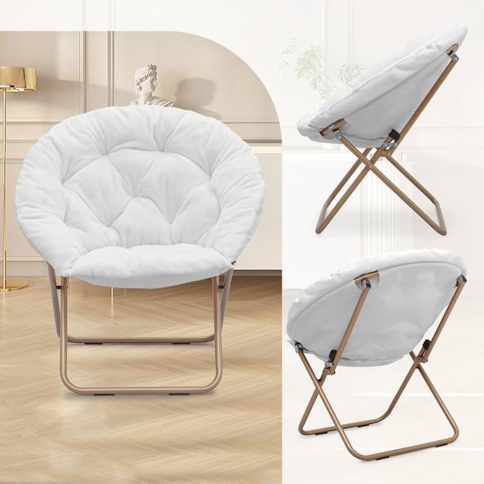 Athena Collection Comfy Saucer Chair Folding Cozy Chair for Bed Room Living Room Accent Chair Faux Fur Reading Chair Foldable Metal Frame Lazy Chair Moon Chair for Adult Set of 2, White