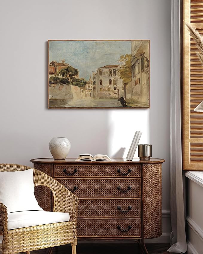 KISSFOX Vintage Venice Canal Canvas Wall Art Impressionist Retro Neutral Italy Cityscape Landscape Framed Wall Art Prints Artwork For Living Room Bedroom Kitchen