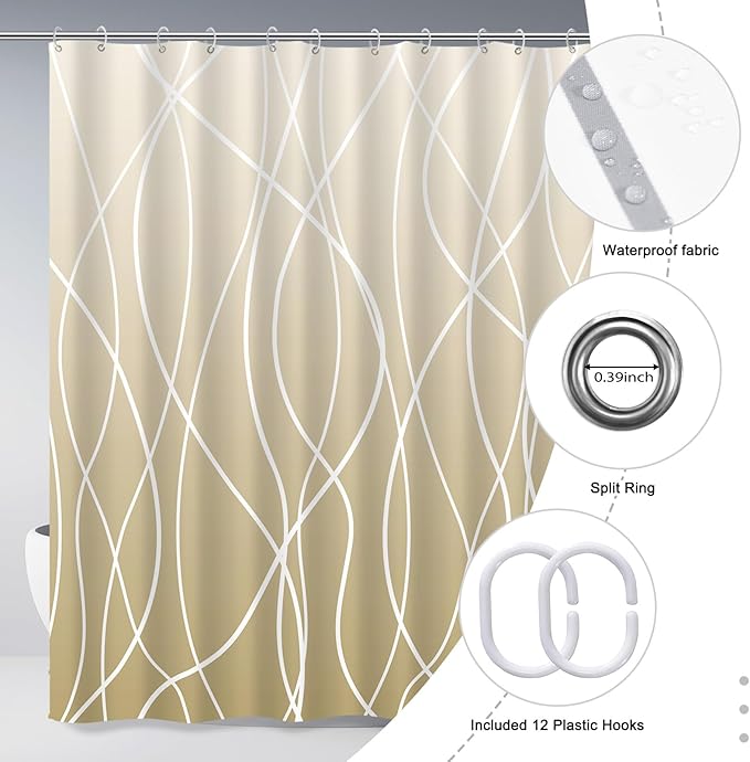 Punkray Ombre Khaki Beige Ivory Shower Curtain for Bathroom with Hooks, Stripe Bath Curtains Decorative Shower Curtains Water Repellent Washable, 72 x 72