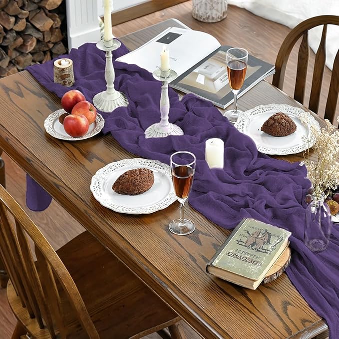 Artoid Mode Boho Cheesecloth Gauze Purple Wedding Table Runner, 120 Inch Seasonal Christmas Winter Fabric Kitchen Dining Holiday Table Decor for Home Party Indoor