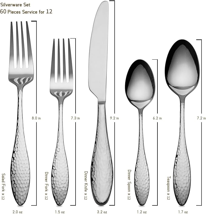 Alata Emma 60-Piece 18/10 Silverware Set, Hammered Flatware Set, Heavy Duty Stainless Steel Cutlery Set, Modern Kitchen Utensils, Dinnerware Sets Service for 12, Mirror Polished & Dishwasher Safe