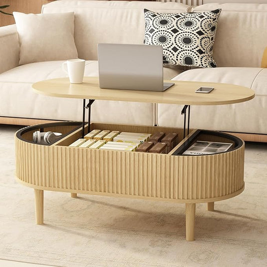 Ludatido 39 Inch Lift Top Coffee Table with 3 Storage for Living Room, Oval Coffee Table with Hidden Compartment, Fully Wooden Center Easy to Assembled for Home Living Room Office Burlywood