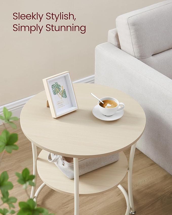 VASAGLE Side Table, 2-Tier Round End Table, Nightstand with Steel Frame for Small Spaces, Living Room, Bedroom, Natural Beige