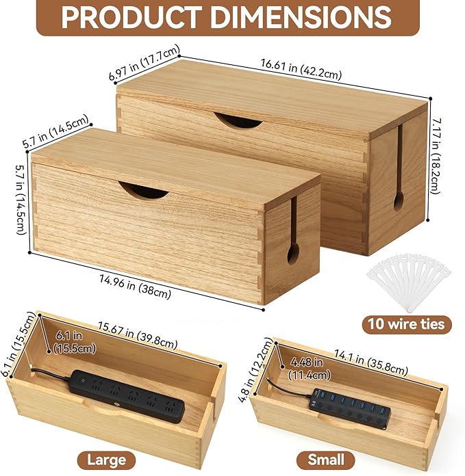 KIRIGEN Cable Management Box Wooden Cord Organizer Hide Power Strip Desk Wires Protector for Home Office TV Computer (DXH2T-NA)