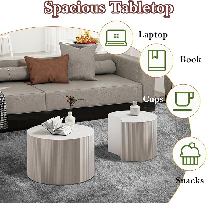 Modern Drum Coffee Table Set of 2 Stylish Minimalism Wave Stripe Fluted Nesting End Table - No Assemble, for Small Space (C-18.9IN+15IN)