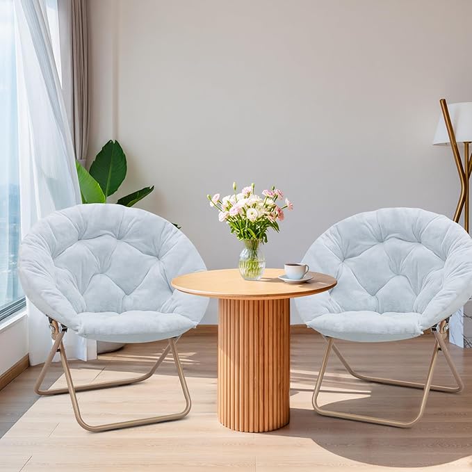Magshion Saucer Chair for Adults, Comfy Living Room Lounge Chair for Bedroom Corner, Dorm, Apartment, Faux Fur Fluffy Circle Accent Seat with Thick Padded & Folding Metal Frame (Blue, Set of 2)