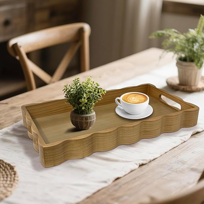 JUIOETURPine Wood Decorative Tray with Handle Rectangular Wooden Serving Tray for Breakfast in Bed,Coffee Table,Dining Table,or Kitchen - Perfect for Living Room,Bedroom,and Entryway Decor (burlywood)