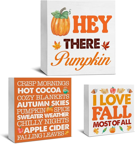 3 Pcs Fall Wood Signs Decor Autumn Wood Block Signs Farmhouse Fall Pumpkins Leaves I Love Fall Most of All Wooden Box Signs Home Decorations for Kitchen Tiered Tray Desk Table Shelf