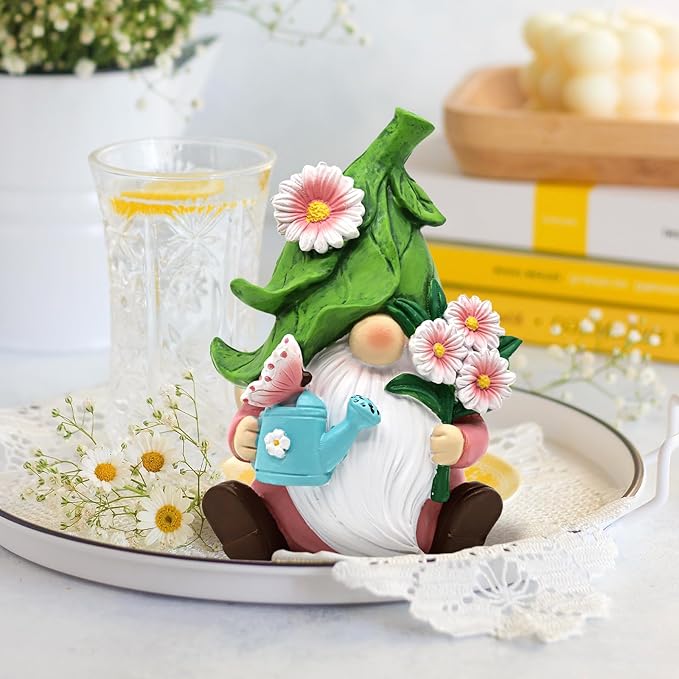 Spring Daisy Garden Gnome Figurine - 5.9'' Reisn Floral Gnome Garden Decorations Indoor Outdoor, Bright Summer and Fall Decor, Summer & Retirement Gifts for Women