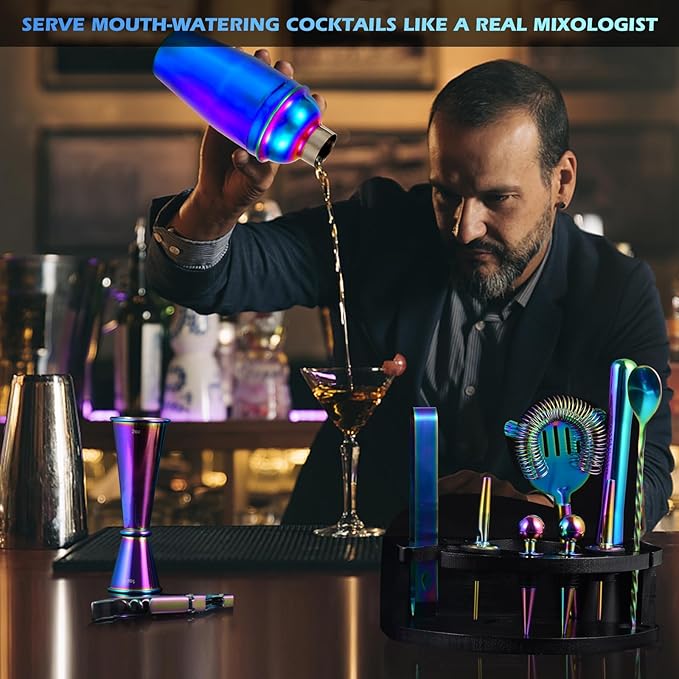 Bartender Kit with Stand, 12-Piece Bar Set | 24oz Cocktail Shaker Set for Drink Mixing, Martini Shaker Set with Bar Tools, Recipes Booklet | Fun Housewarming Gift (Rainbow)